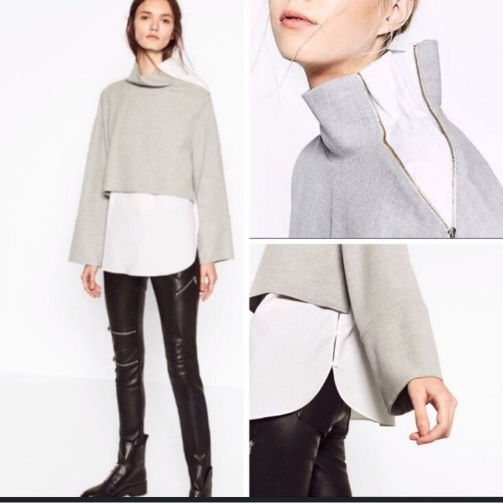 Zara Trafaluc collection unique gray layered top with zipper neck detail